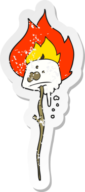 Bir insan tarafından çizilmiş kızarmış marshmallow 'un retro sıkıntılı çıkartması.