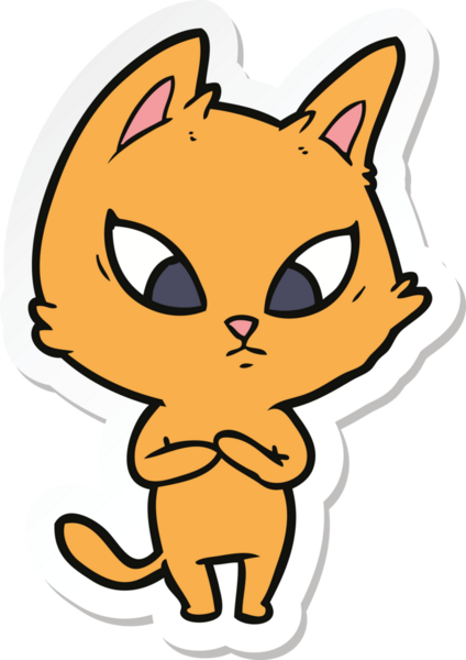 Bir insan tarafından çizilmiş kafası karışmış bir çizgi film kedisinin çıkartması.