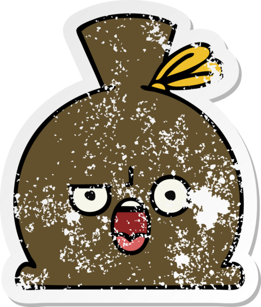 Bir insan tarafından çizilmiş şirin bir karikatür çuvalının sıkıntılı çıkartması.