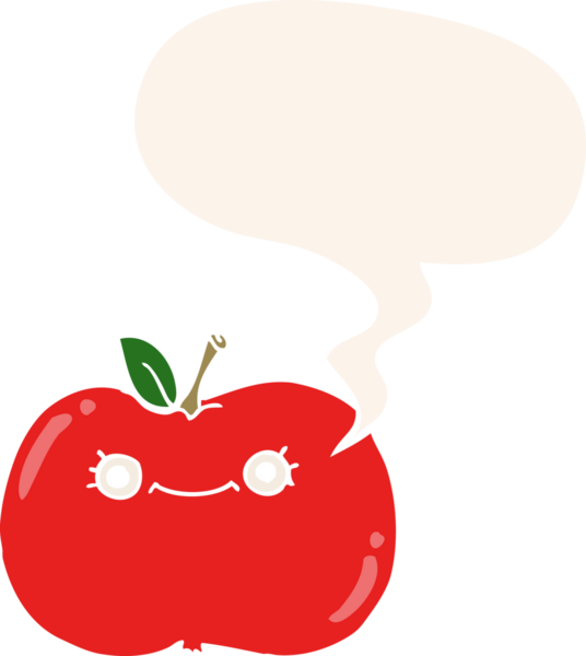 Bir insan tarafından çizilmiş, konuşma baloncuklu şirin çizgi film elması.