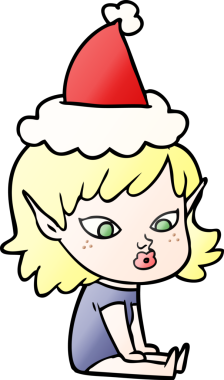 Bir insan tarafından çizilmiş Noel Baba şapkası giymiş güzel bir elf kızının gradyan çizimi.