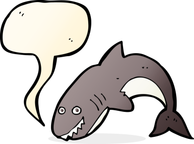 Bir insan tarafından çizilmiş konuşma baloncuklu çizgi film köpekbalığı.