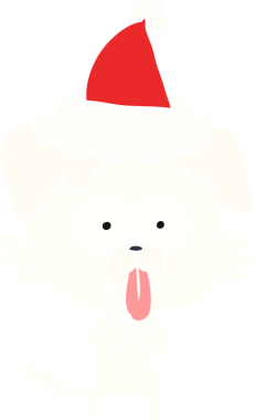 Bir insan tarafından çizilmiş Noel Baba şapkası giymiş, dili dışarı çıkmış bir köpeğin düz renkli çizimi.