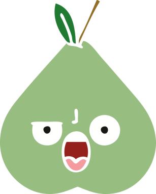 Bir insan tarafından çizilmiş yeşil bir armutun düz renkli retro karikatürü