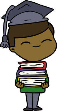 Bir insan tarafından çizilmiş kitap yığınıyla gülümseyen çocuk.