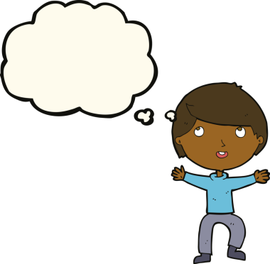 Bir insan tarafından çizilmiş düşünce balonu olan mutlu çocuk çizgi filmi.