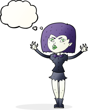 Bir insan tarafından çizilmiş düşünce balonlu vampir kız.