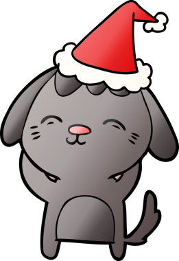 Mutlu el çizimi, bir insan tarafından çizilmiş Noel Baba şapkası takan bir köpeğin çizgi filmi.