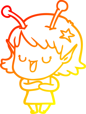 Bir insan tarafından çizilmiş mutlu bir uzaylı kız çizgi filmi.