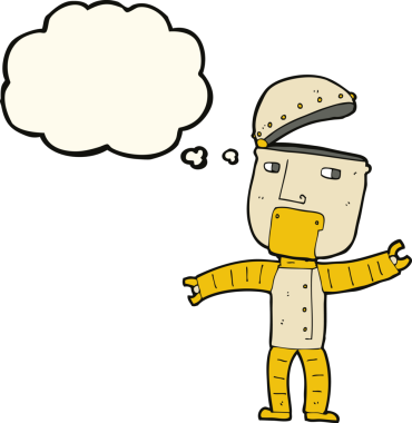 Bir insan tarafından çizilmiş düşünce baloncuklu komik robot.