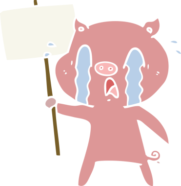 Ağlayan domuz renginde karikatür. Protesto işareti insan tarafından çizilmiş.