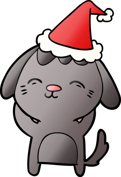 Mutlu el çizimi, bir insan tarafından çizilmiş Noel Baba şapkası takan bir köpeğin çizgi filmi.