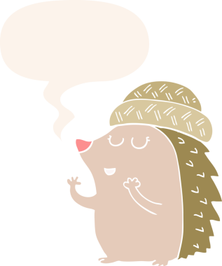 Çizgi film kirpisi şapkalı, konuşma baloncuklu bir insan tarafından çizilmiş.