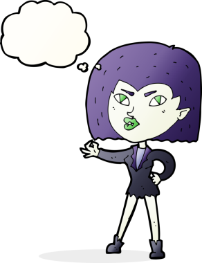 Bir insan tarafından çizilmiş düşünce balonlu vampir kız.