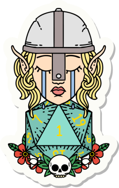 Hüzünlü bir elf savaşçı karakterinin çıkartması. Bir insan tarafından çizilmiş doğal bir d20 rulo.