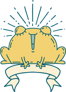 Bir insan tarafından çizilmiş dövmeli, mutlu bir kurbağa.