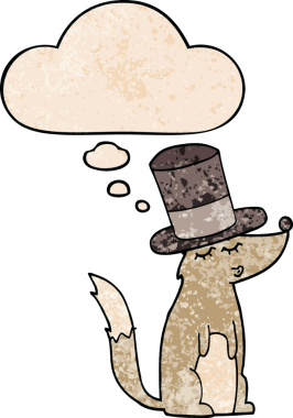 Çizgi film kurtları ıslık çalıyorlar, silindir şapka takıyorlar ve bir insan tarafından çizilmiş grunge desenli düşünce baloncukları var.