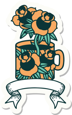 Bir fincanın pankartıyla dövme stili çıkartması ve bir insanın çizdiği çiçekler