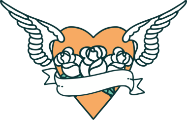 Kanatlı, çiçek ve bir insan tarafından çizilmiş bir kalbin ikonik dövme görüntüsü.