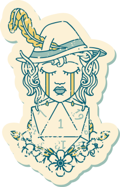 Retro Dövme Tarzı Ağlayan Elf Ozan Karakteri Bir insan tarafından çizilmiş doğal D20 rulo