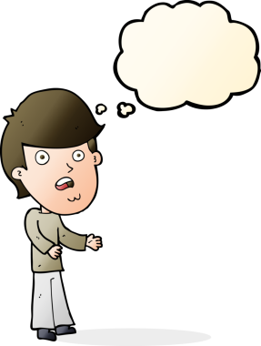 Bir insan tarafından çizilen düşünce baloncuğuyla şok olmuş bir adam.