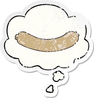 Düşünce baloncuklu çizgi film sosisi insan tarafından çizilmiş yıpranmış bir çıkartma gibi.