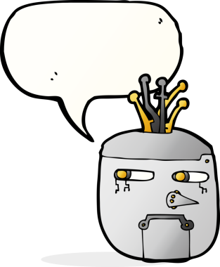 bir insan tarafından çizilmiş konuşma balonlu robot kafası.
