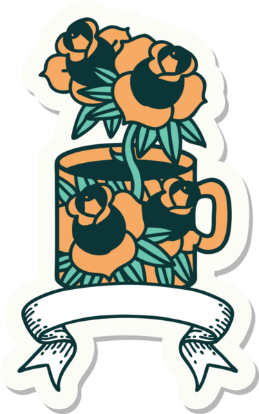 Bir fincanın pankartıyla dövme stili çıkartması ve bir insanın çizdiği çiçekler