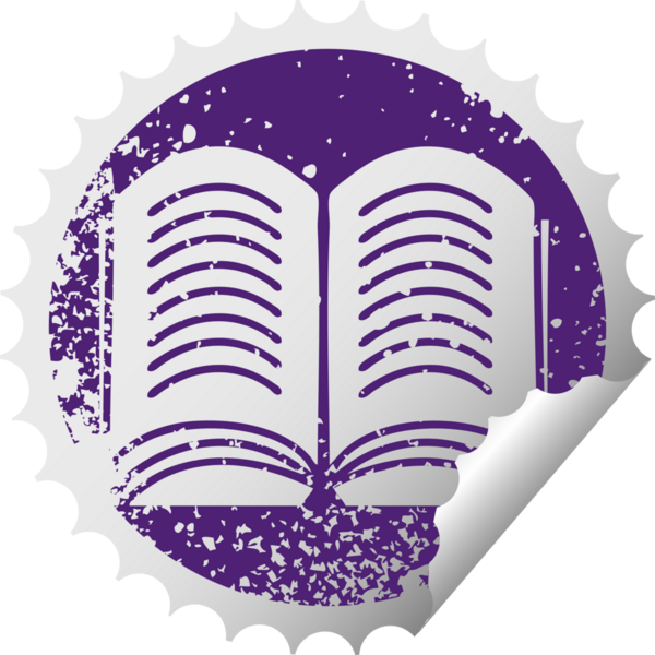 Bir insan tarafından çizilmiş açık bir kitabın sıkıntılı, dairesel soyma etiketi.