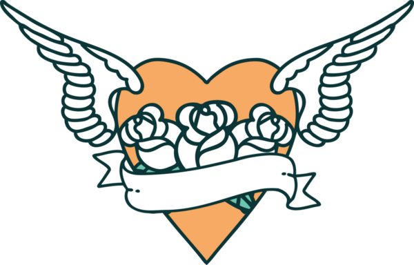 Kanatlı, çiçek ve bir insan tarafından çizilmiş bir kalbin ikonik dövme görüntüsü.