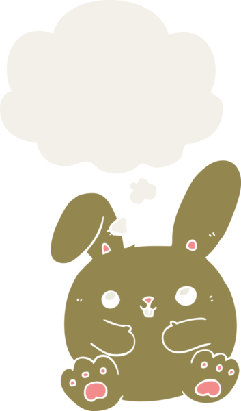 Düşünce baloncuklu çizgi film tavşanı insan tarafından çizilmiş.