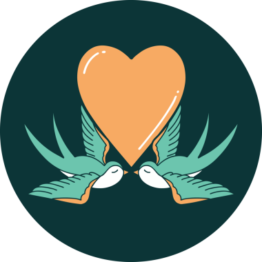 Kırlangıçların ikonik dövme şekli ve bir insan tarafından çizilmiş bir kalp.