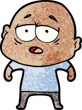 Bir insan tarafından çizilmiş yorgun, kel bir adam.