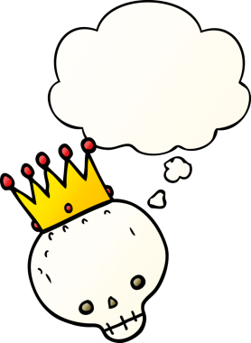 Düşünce baloncuklu taç ve bir insan tarafından çizilmiş düz eğimli kafatası.