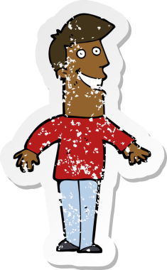 Bir insan tarafından çizilmiş sırıtan bir çizgi film karakterinin kederli retro yapıştırması.