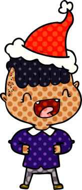 Bir insan tarafından çizilmiş Noel Baba şapkasıyla gülen mutlu bir çocuğun el çizimi çizgi roman çizimi.