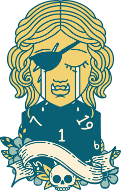 Retro Dövme Tarzı Ağlayan Ork düzenbaz karakter yüzü ve bir insan tarafından çizilmiş doğal bir D20 rulo