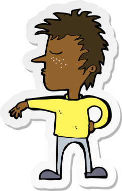 Bir insan tarafından çizilmiş kamp jestleri yapan bir çizgi film karakterinin çıkartması.