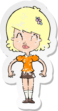 Bir insan tarafından çizilmiş, mutlu, güzel bir kadının karikatür yapıştırması.