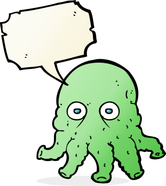 Bir insan tarafından çizilmiş konuşma baloncuklu uzaylı mürekkep balığı yüzü.