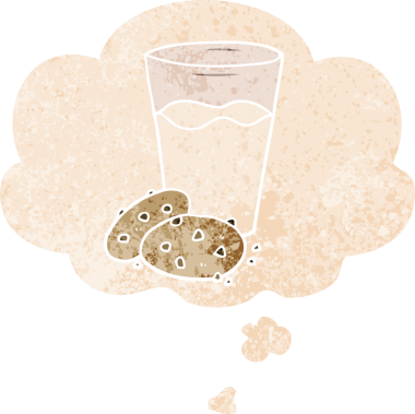 Düşünce baloncuklu çizgi film kurabiyeleri ve süt bir insan tarafından çizilmiş dertli retro stil