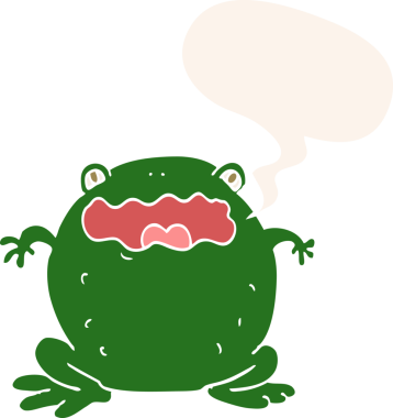 Konuşma baloncuğu olan çizgi film karakurbağası insan tarafından çizilmiş.