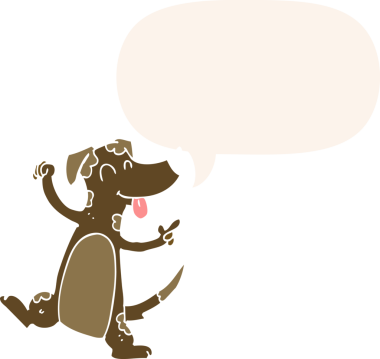 Bir insan tarafından çizilmiş, konuşma baloncuklu çizgi film köpeği.