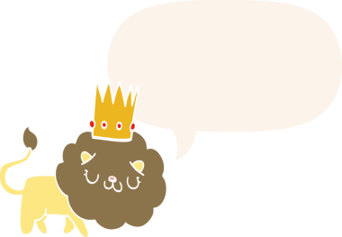 Bir insan tarafından çizilmiş, konuşma baloncuğu olan, taç takan çizgi film aslanı.