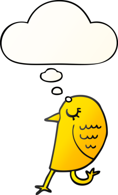 Düşünce baloncuğu olan çizgi film kuşu bir insan tarafından çizilmiş.