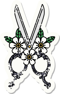 Bir insan tarafından çizilmiş geleneksel berber makas ve çiçek stili dövmesi.