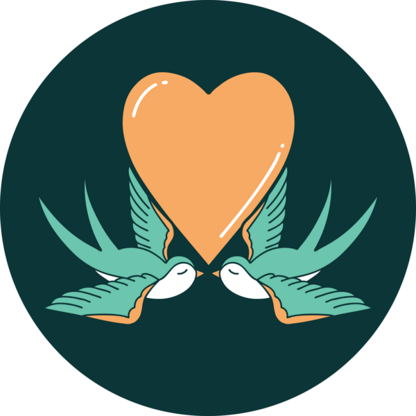 Kırlangıçların ikonik dövme şekli ve bir insan tarafından çizilmiş bir kalp.