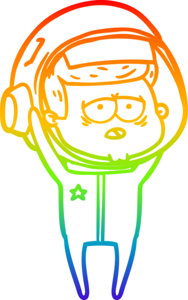 Gökkuşağı gradyan çizgi çizimi bir insan tarafından çizilmiş yorgun astronot