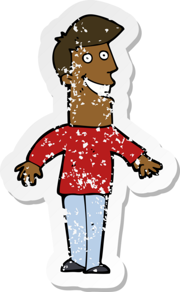 Bir insan tarafından çizilmiş sırıtan bir çizgi film karakterinin kederli retro yapıştırması.