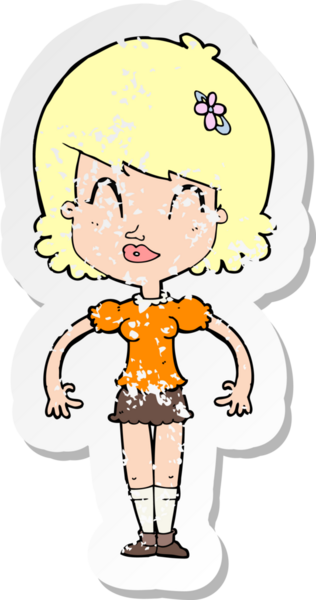 Bir insan tarafından çizilmiş, mutlu, güzel bir kadının karikatür yapıştırması.